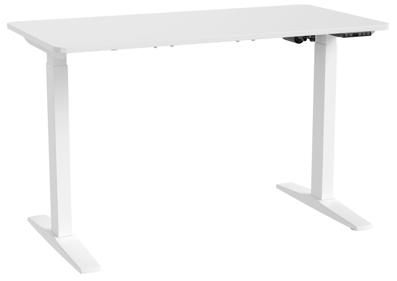 Weißer höhenverstellbarer E-Schreibtisch aus seitlicher Perspektive
