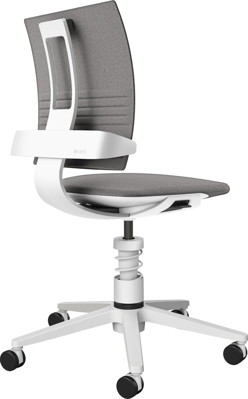 Ergonomischer Bürostuhl mit grauer Netzrückenlehne, grauem Sitzpolster, weißem Rahmen und Fußkreuz auf Rollen, seitliche Ansicht schräg von hinten (3/4-Perspektive).