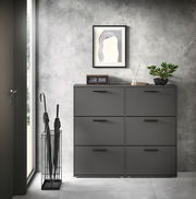 Schuhkipper 6er in modernem, grauem Design, frontal fotografiert, mit dekorativen Elementen wie einer Uhr und einer Pflanze darauf.