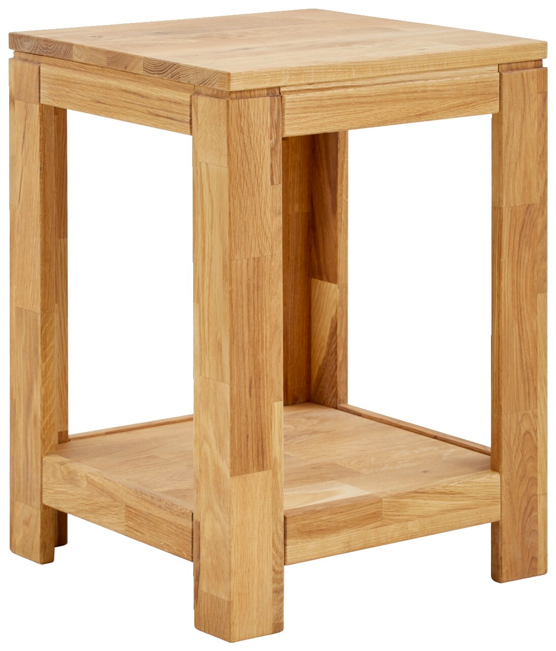 Beistelltisch aus Holz in natürlicher Holzoptik, seitliche Perspektive