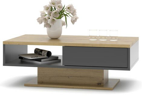 Moderner Couchtisch mit Holzoberfläche, grauen Akzenten und integriertem Stauraum, seitliche Perspektive.