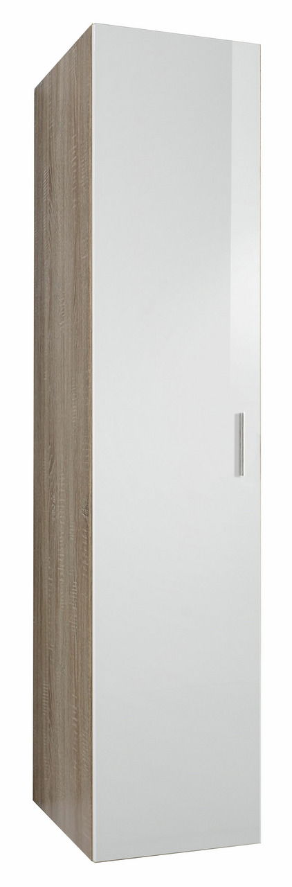 XORA Kleiderschrank MALTA Moderner Kleiderschrank mit weißer Hochglanztür und Holzoptik an der Seite, perspektivisch von vorne links fotografiert.