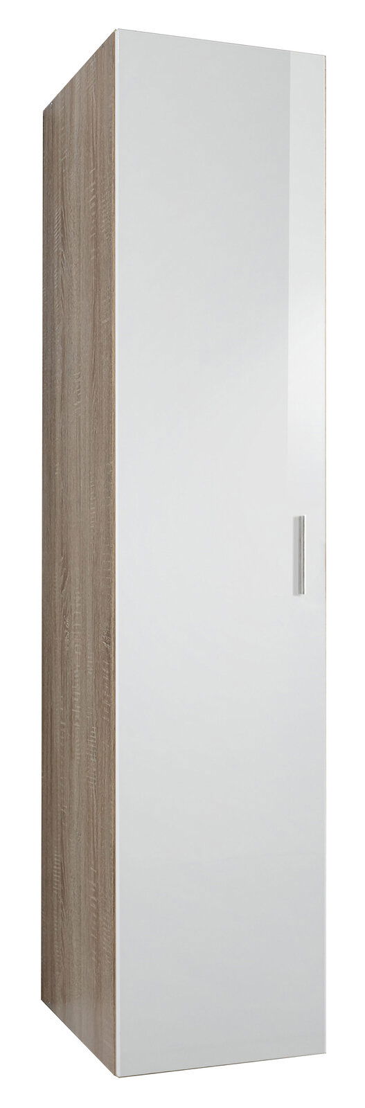 Moderner Kleiderschrank mit weißer Hochglanztür und Holzoptik an der Seite, perspektivisch von vorne links fotografiert.