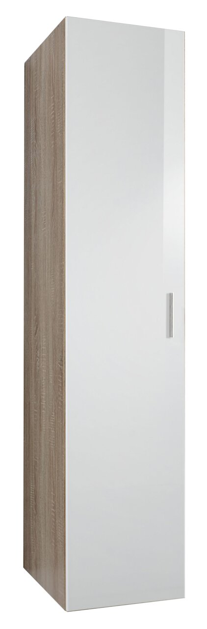 Moderner Kleiderschrank mit weißer Hochglanztür und Holzoptik an der Seite, perspektivisch von vorne links fotografiert.