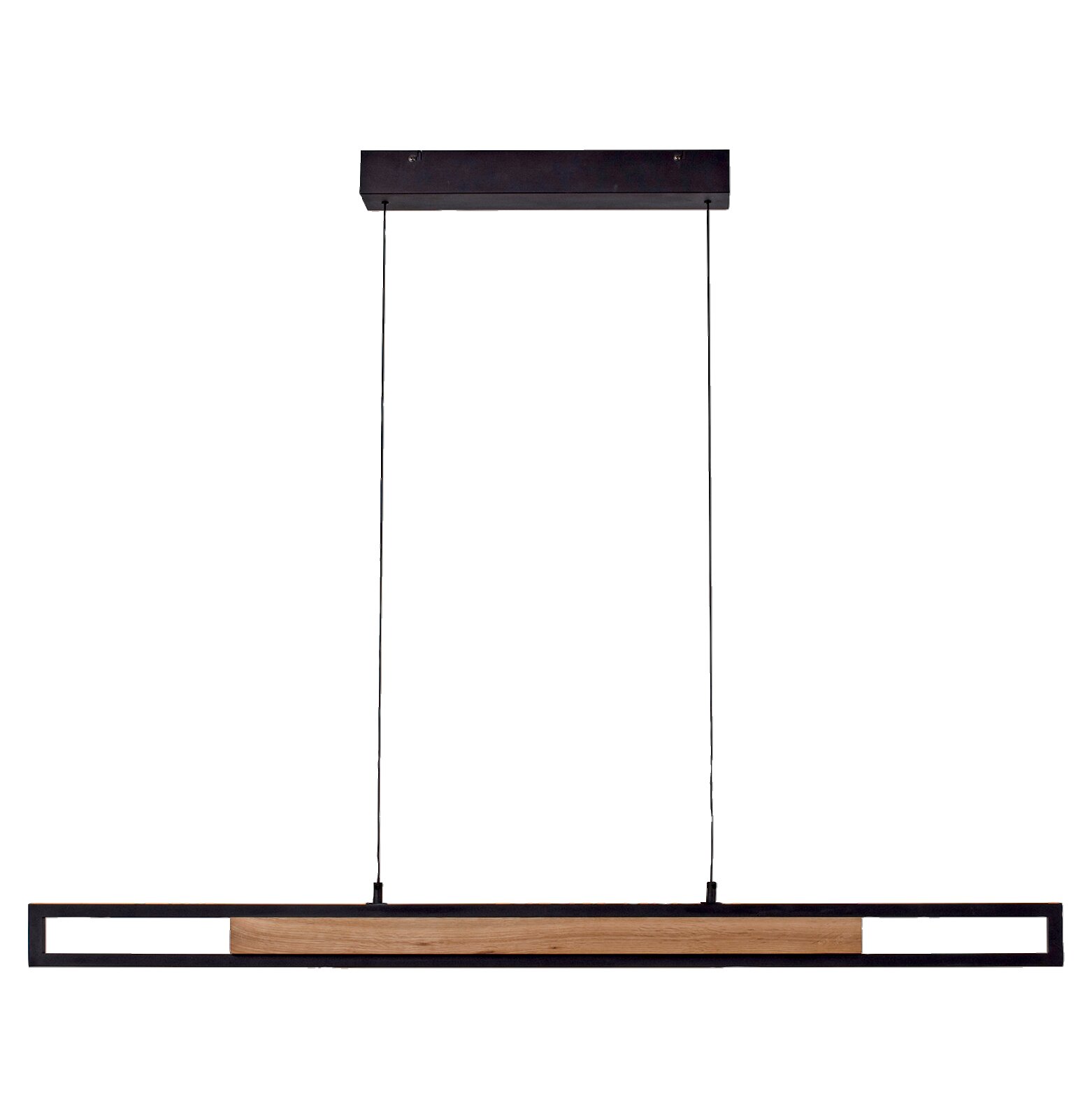 Moderne lineaire hanglamp met zwart metalen frame en langwerpig houten element, recht van voren gezien