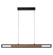 Moderne lineaire hanglamp met zwart metalen frame en langwerpig houten element, recht van voren gezien