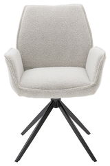 Moderner Armlehnstuhl mit hellgrauem Stoffbezug und schwarzem Metallgestell, Frontalansicht.