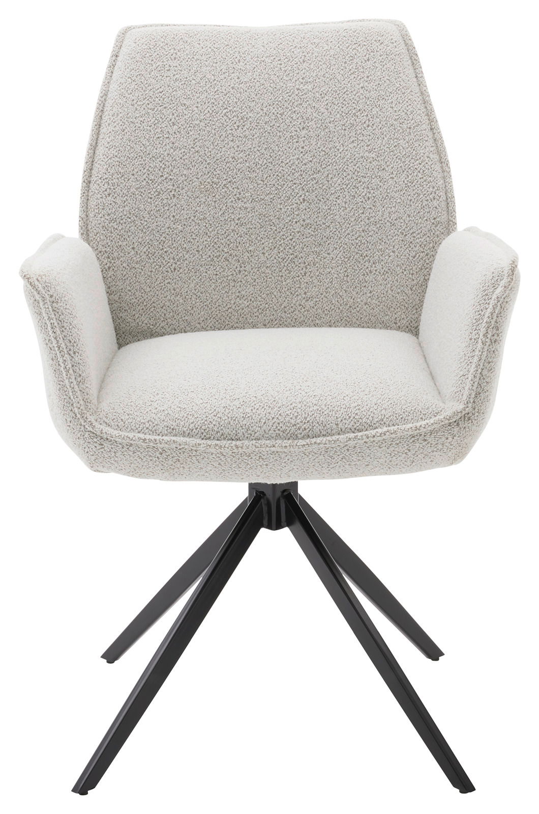 Moderner Armlehnstuhl mit hellgrauem Stoffbezug und schwarzem Metallgestell, Frontalansicht.