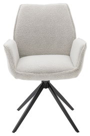 Moderner Armlehnstuhl mit hellgrauem Stoffbezug und schwarzem Metallgestell, Frontalansicht.