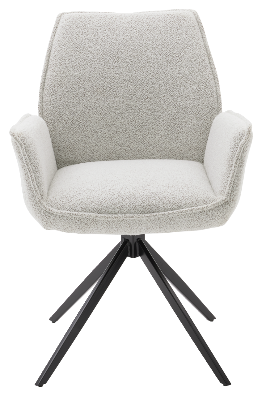 Moderner Armlehnstuhl mit hellgrauem Stoffbezug und schwarzem Metallgestell, Frontalansicht.