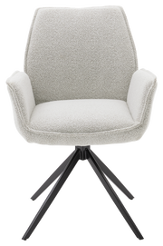 Moderner Armlehnstuhl mit hellgrauem Stoffbezug und schwarzem Metallgestell, Frontalansicht.