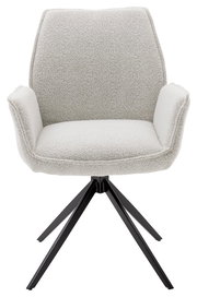 Moderner Armlehnstuhl mit hellgrauem Stoffbezug und schwarzem Metallgestell, Frontalansicht.