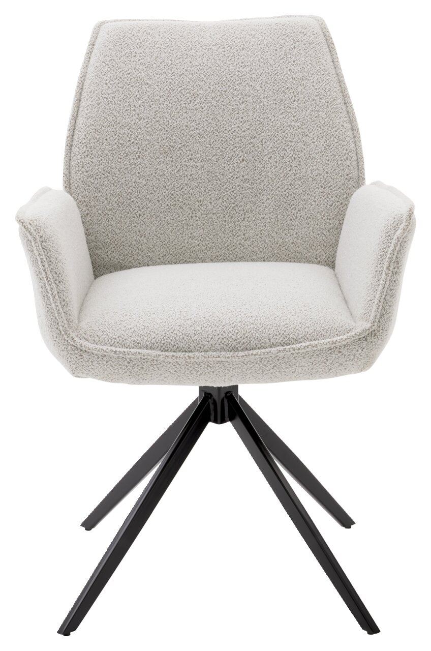 Moderner Armlehnstuhl mit hellgrauem Stoffbezug und schwarzem Metallgestell, Frontalansicht.