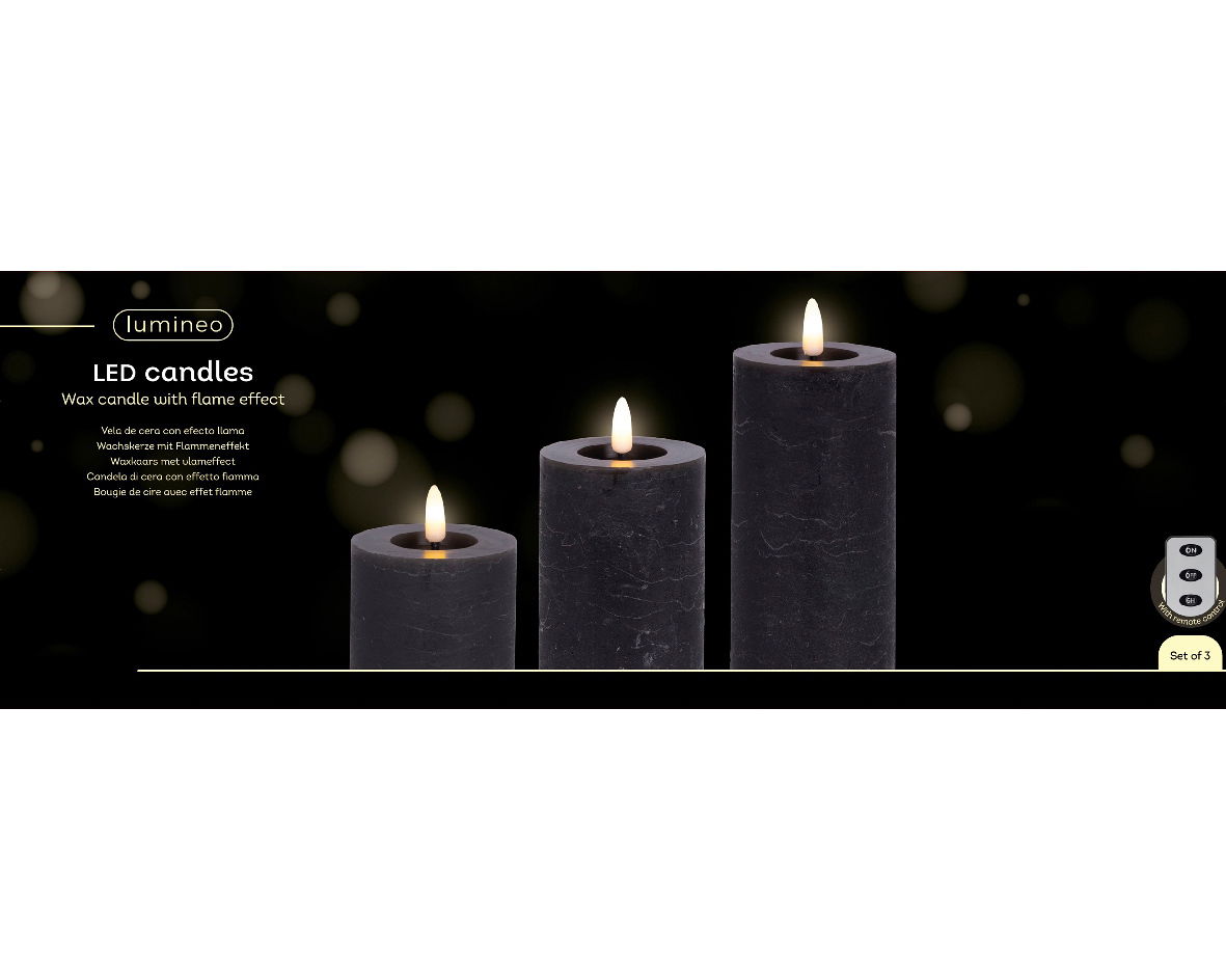 Lumineo LED-Wachskerzen 3-tlg. mit Fernbedienung Drei schwarze LED-Kerzen aus Wachs mit Flammeneffekt, in verschiedenen Höhen, frontal betrachtet.