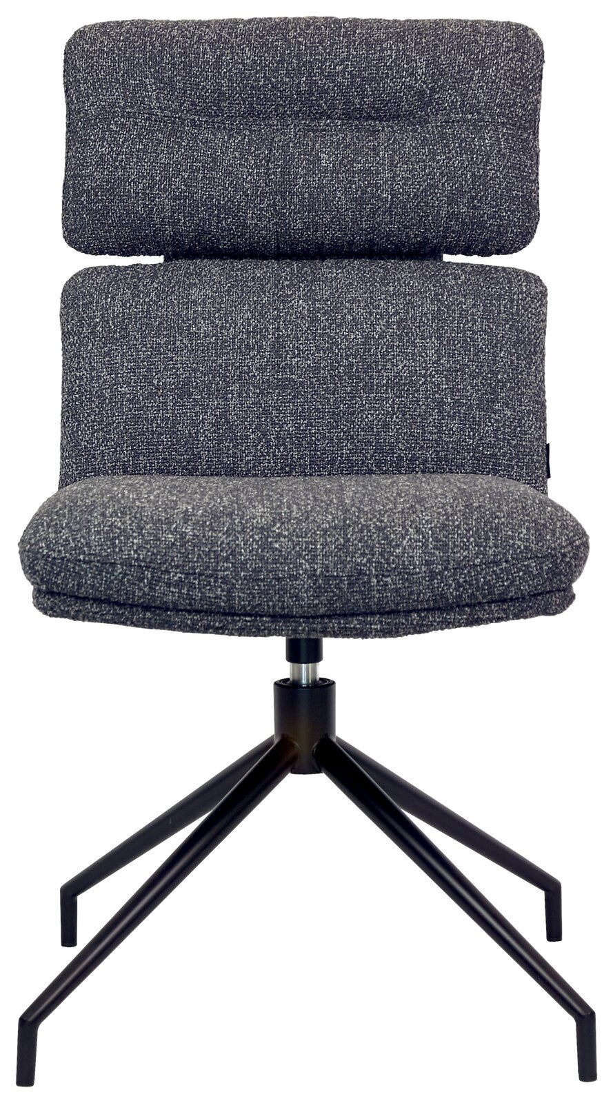 Moderner grauer Stuhl mit gepolsterter Rückenlehne und Sitzfläche, auf einem schwarzen Metallgestell mit vier Beinen, Frontalansicht.