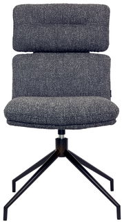 Moderner grauer Stuhl mit gepolsterter Rückenlehne und Sitzfläche, auf einem schwarzen Metallgestell mit vier Beinen, Frontalansicht.