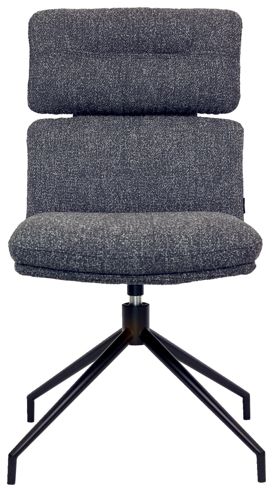 Moderner grauer Stuhl mit gepolsterter Rückenlehne und Sitzfläche, auf einem schwarzen Metallgestell mit vier Beinen, Frontalansicht.