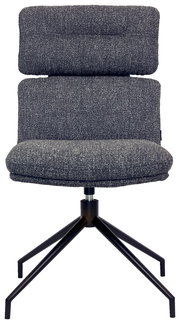 Moderner grauer Stuhl mit gepolsterter Rückenlehne und Sitzfläche, auf einem schwarzen Metallgestell mit vier Beinen, Frontalansicht.