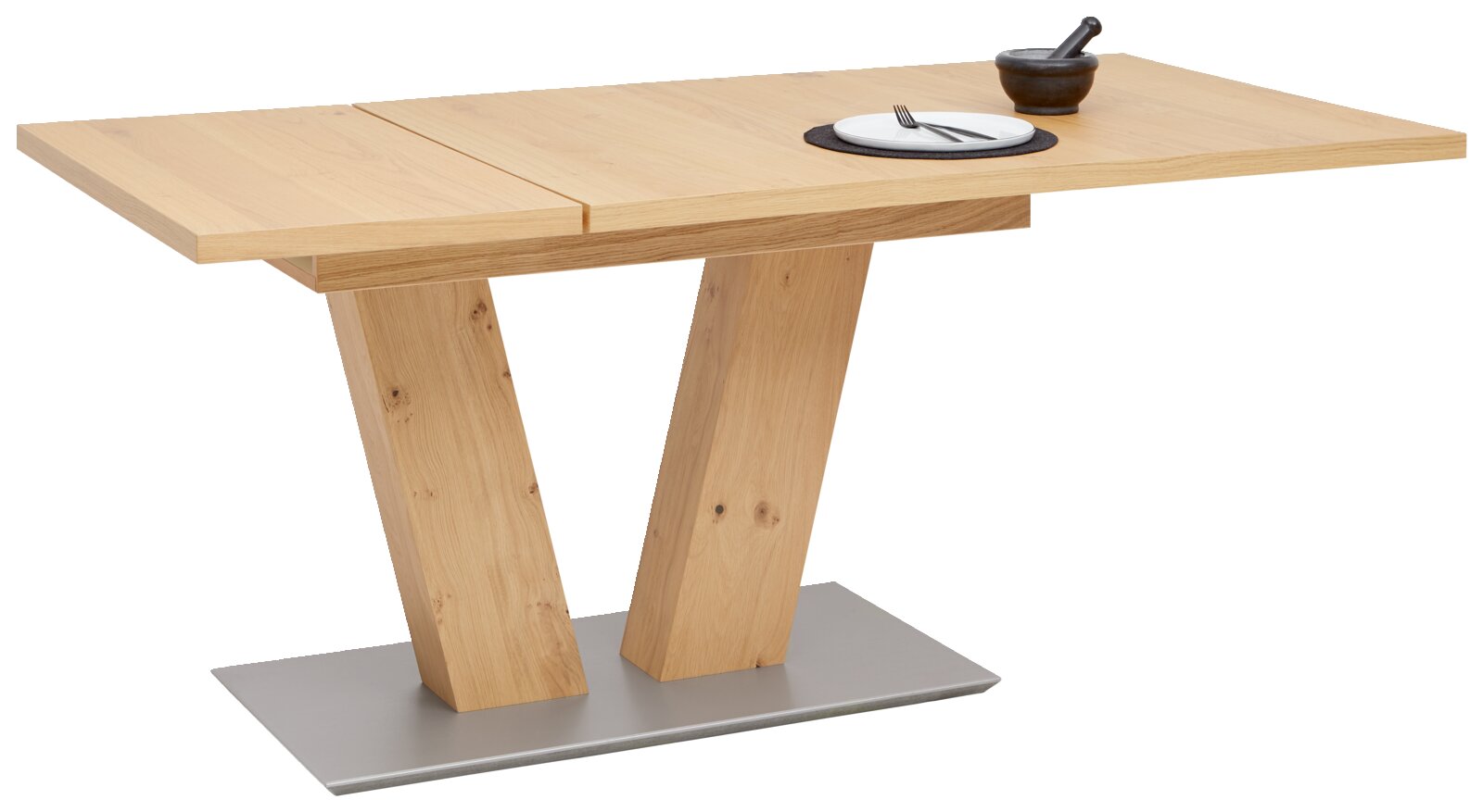 Moderner Esstisch aus Holz mit V-förmigem Gestell und Metallfuß, seitliche Perspektive