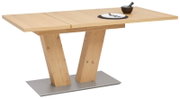 Moderner Esstisch aus Holz mit V-förmigem Gestell und Metallfuß, seitliche Perspektive