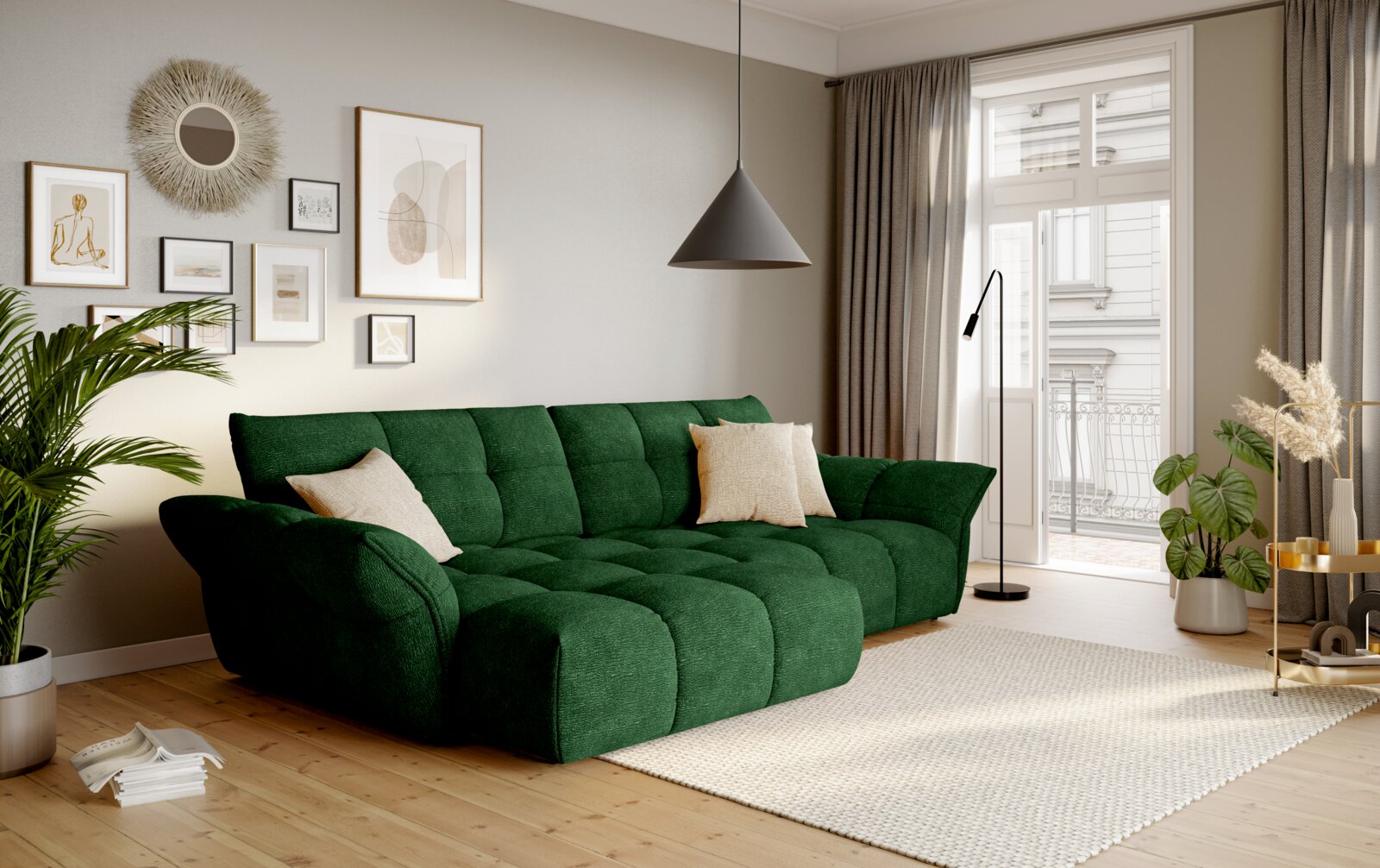 Welnova Longchairkombination TINO Grünes, gepolstertes Sofa mit Steppung und zwei hellen Kissen in modernem Wohnzimmer, aufgenommen in leichter Schrägansicht von vorne links