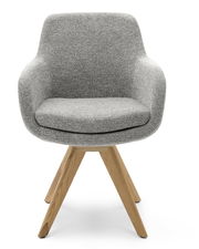 Grauer Armlehnstuhl mit Holzbeinen, Frontalansicht