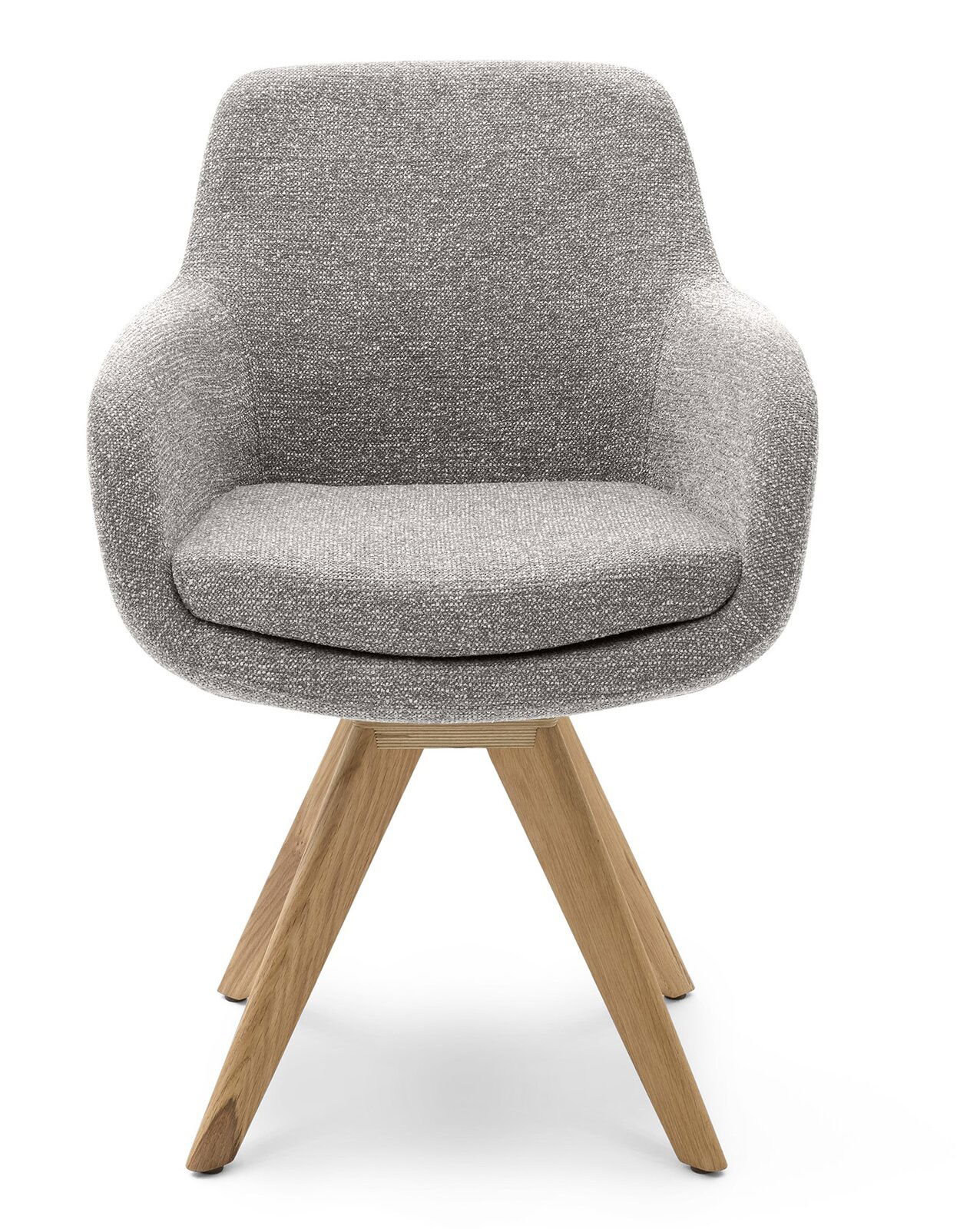 Grauer Armlehnstuhl mit Holzbeinen, Frontalansicht