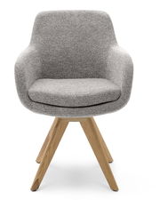 Grauer Armlehnstuhl mit Holzbeinen, Frontalansicht