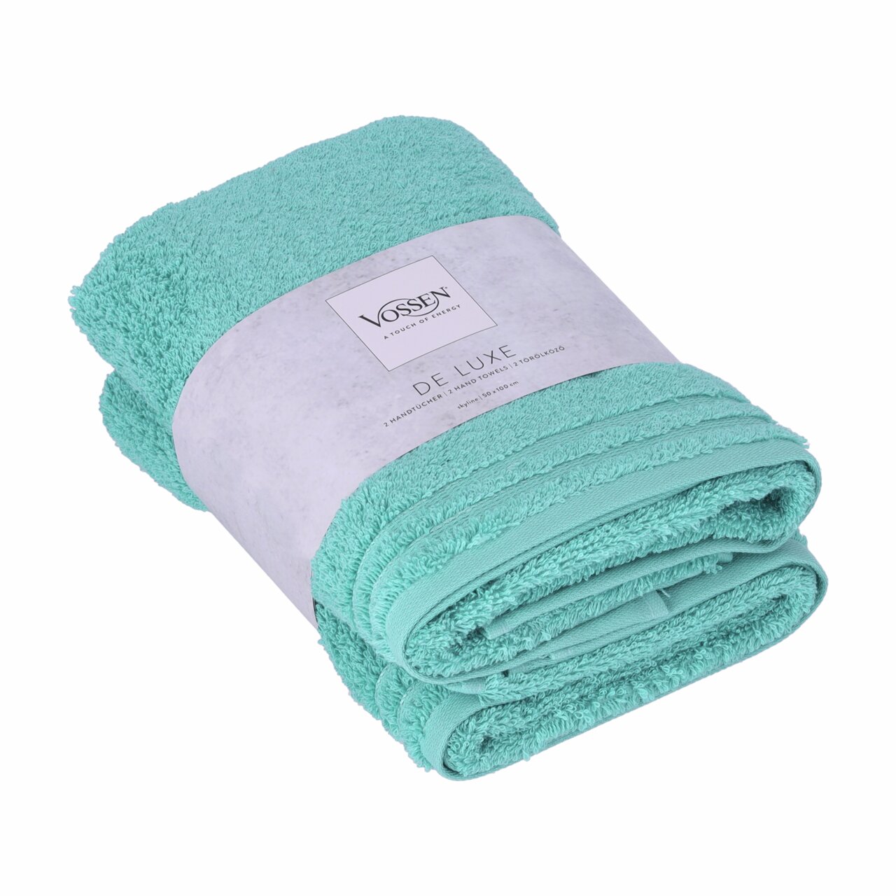 Vossen Handtuchset 2-tlg. DE LUXE Zwei türkisfarbene Handtücher der Marke Vossen, Modell De Luxe, aufgerollt und von schräg oben fotografiert.