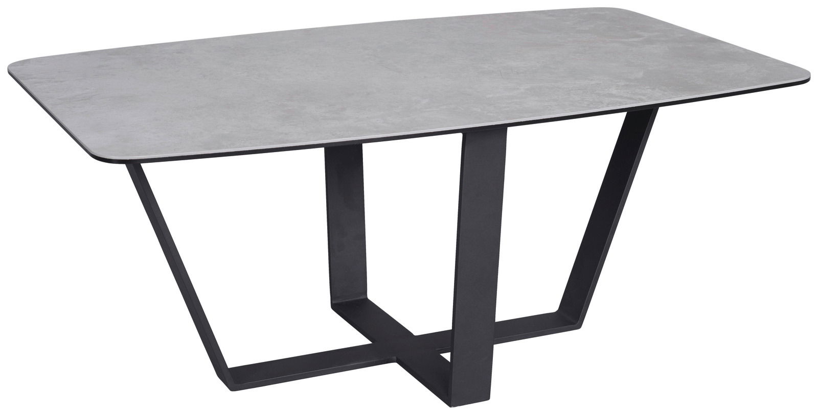 Moderner Couchtisch mit rechteckiger grauer Tischplatte und schwarzem Metallgestell, seitliche Perspektive