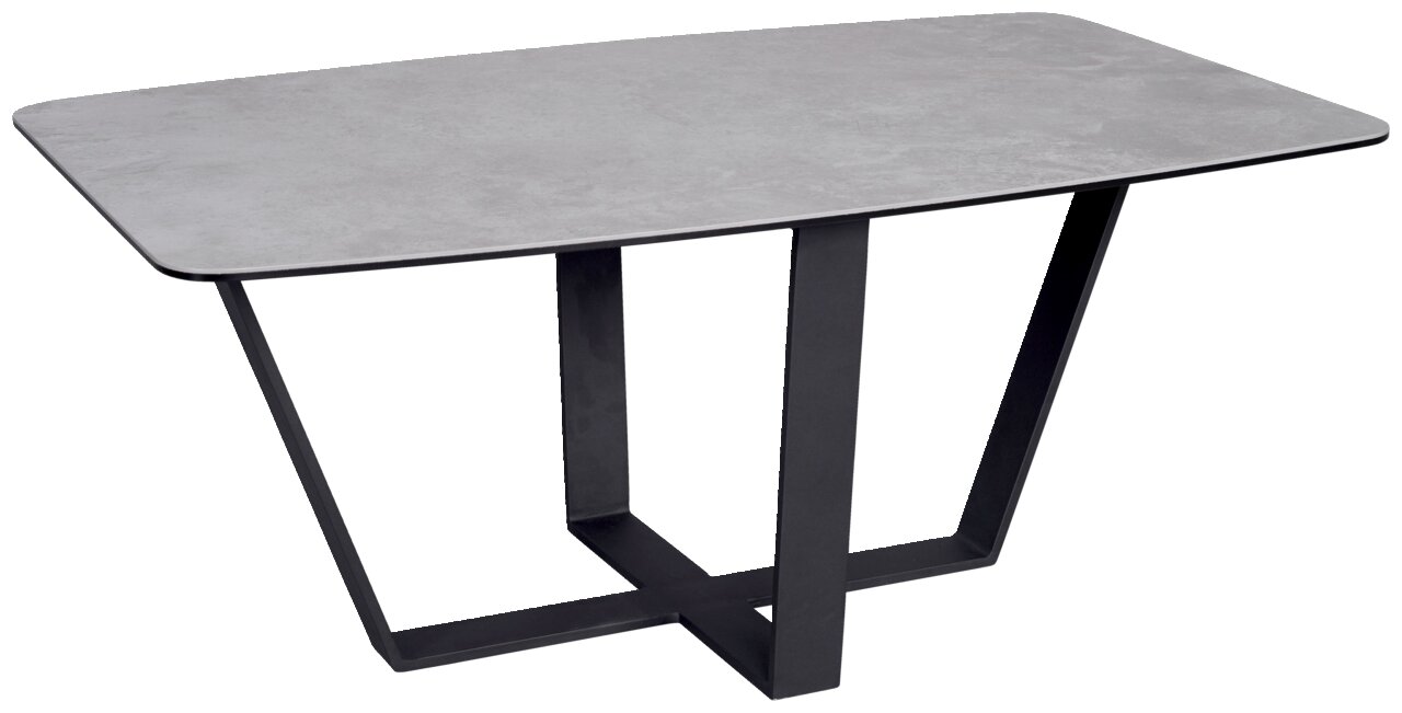 Moderner Couchtisch mit rechteckiger grauer Tischplatte und schwarzem Metallgestell, seitliche Perspektive