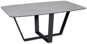 Moderner Couchtisch mit rechteckiger grauer Tischplatte und schwarzem Metallgestell, seitliche Perspektive