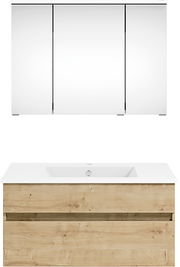 Frontale Ansicht einer modernen Badkombination mit einem weißen Waschbecken und einem Unterschrank in Holzoptik, darüber ein großer Spiegelschrank.