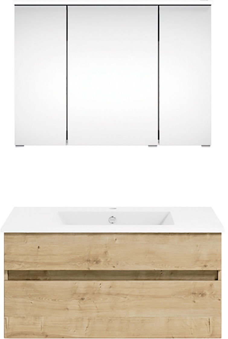 Frontale Ansicht einer modernen Badkombination mit einem weißen Waschbecken und einem Unterschrank in Holzoptik, darüber ein großer Spiegelschrank.