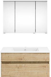 Frontale Ansicht einer modernen Badkombination mit einem weißen Waschbecken und einem Unterschrank in Holzoptik, darüber ein großer Spiegelschrank.