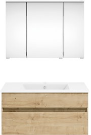 Frontale Ansicht einer modernen Badkombination mit einem weißen Waschbecken und einem Unterschrank in Holzoptik, darüber ein großer Spiegelschrank.