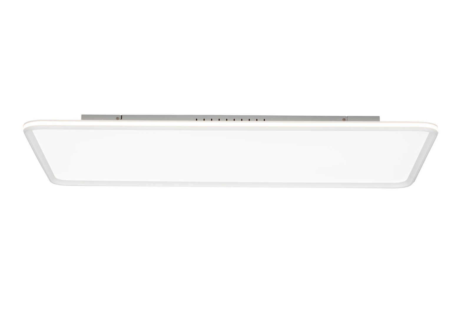 Rechthoekige LED-plafondlamp in wit met een plat frame, productfoto van onderaf (onderkant) tegen een witte achtergrond