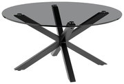 Runder Couchtisch mit Glasplatte und schwarzem Metallgestell, seitliche Perspektive