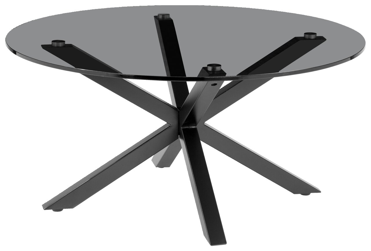 Runder Couchtisch mit Glasplatte und schwarzem Metallgestell, seitliche Perspektive
