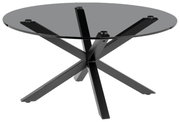 Runder Couchtisch mit Glasplatte und schwarzem Metallgestell, seitliche Perspektive