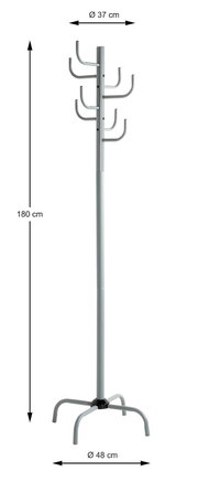 Silberner freistehender Garderobenständer aus Metall mit mehreren Haken, Höhe 180 cm, Kopf-Ø 37 cm und Standfuß-Ø 48 cm, frontal in leichter Seitenansicht auf weißem Hintergrund.
