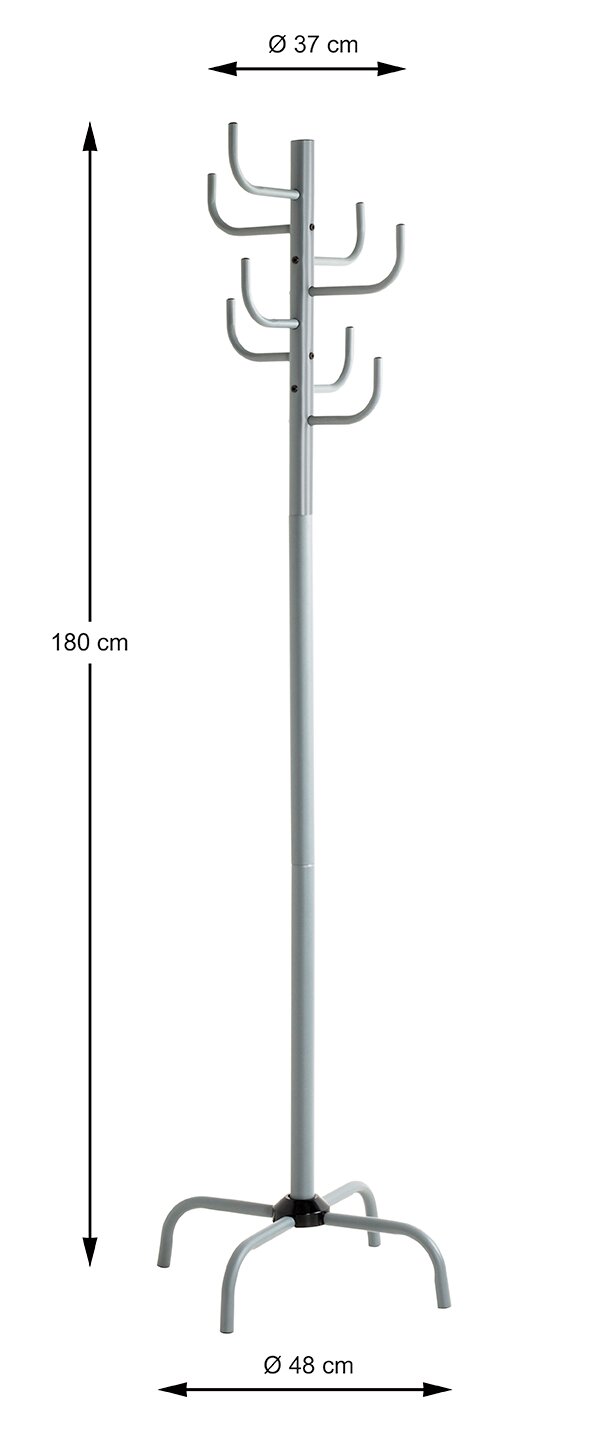 Silberner freistehender Garderobenständer aus Metall mit mehreren Haken, Höhe 180 cm, Kopf-Ø 37 cm und Standfuß-Ø 48 cm, frontal in leichter Seitenansicht auf weißem Hintergrund.