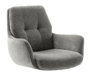 Grauer Armlehnstuhl mit weicher Polsterung, seitliche Perspektive