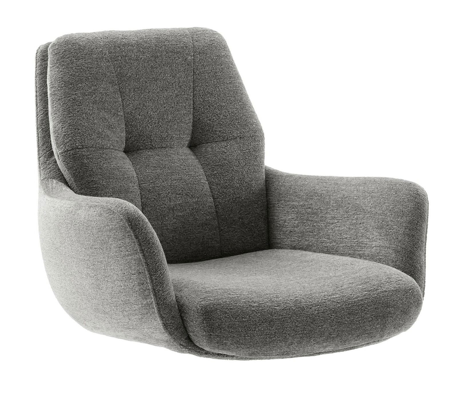 Grauer Armlehnstuhl mit weicher Polsterung, seitliche Perspektive