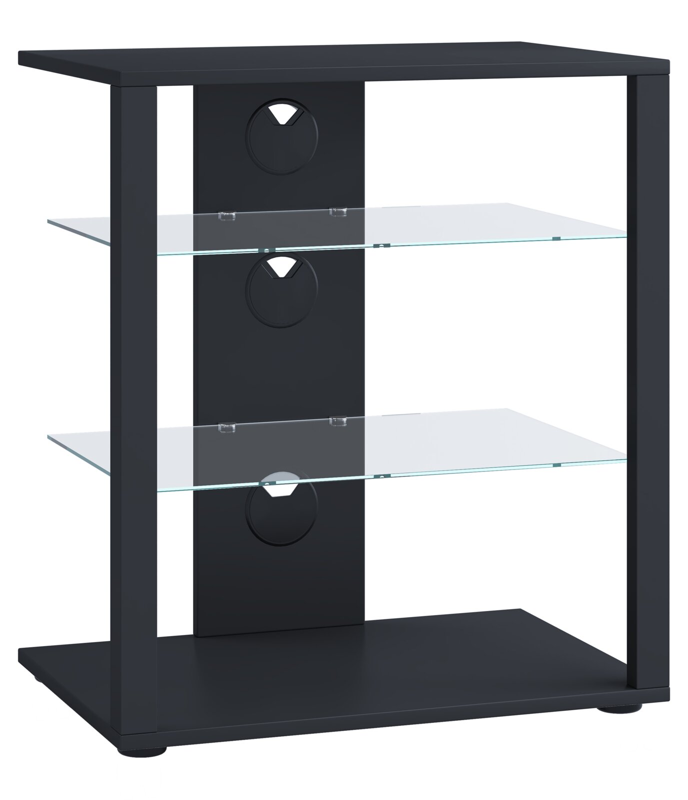 Schwarzes HiFi-/TV-Rack mit drei transparenten Glasböden und Kabeldurchführungen, freigestellt auf weißem Hintergrund, in frontaler leicht schräger Perspektive
