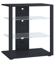 Schwarzes HiFi-/TV-Rack mit drei transparenten Glasböden und Kabeldurchführungen, freigestellt auf weißem Hintergrund, in frontaler leicht schräger Perspektive