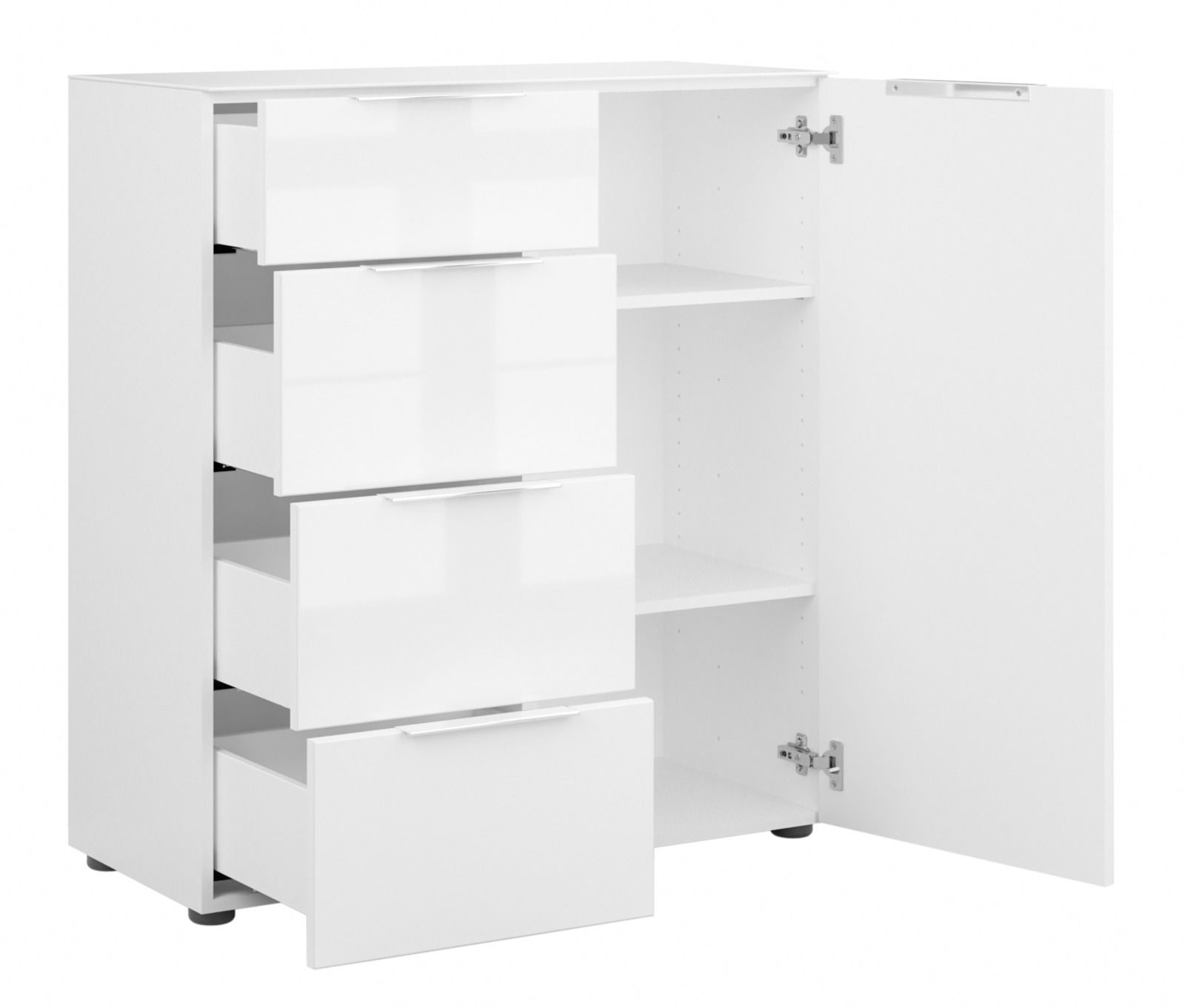 Weiße Kommode mit vier offenen Schubladen und einer geöffneten Tür, die zwei Regalböden zeigt, Perspektive von vorne.