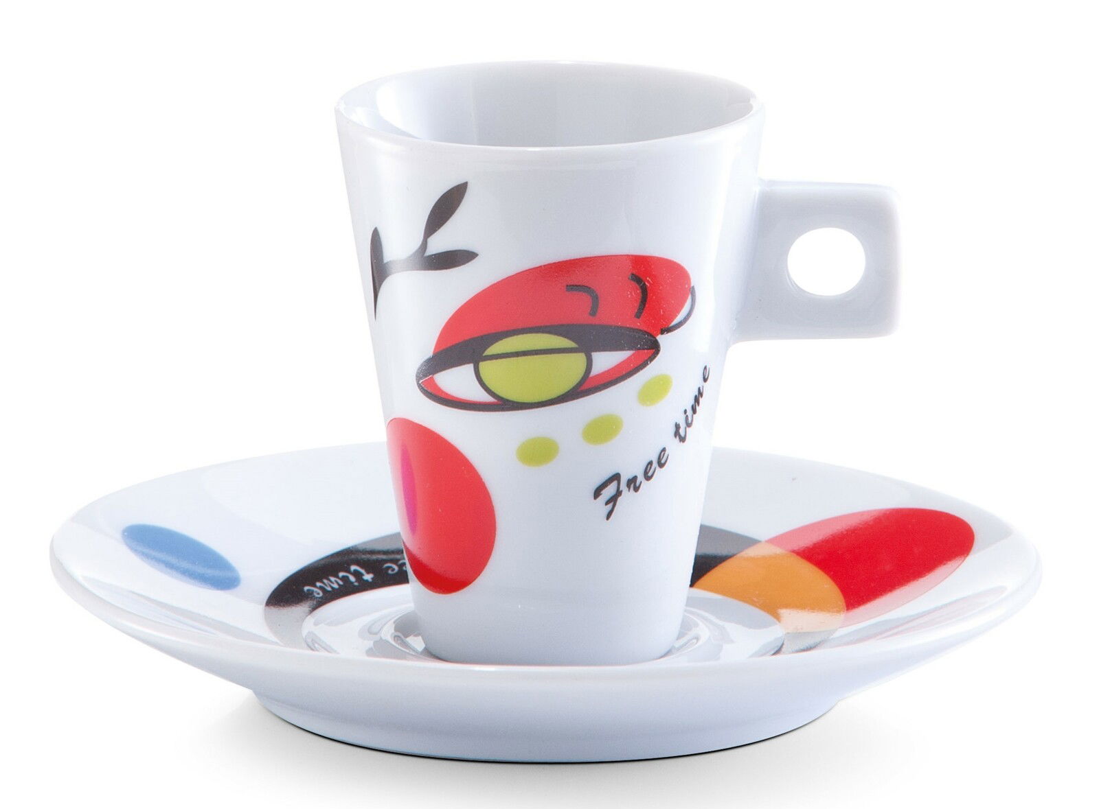 Espresso-Tasse mit buntem, abstraktem Design und passender Untertasse, seitliche Perspektive