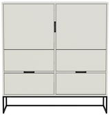 Modernes Highboard in heller Farbe mit schwarzem Metallgestell, frontale Ansicht