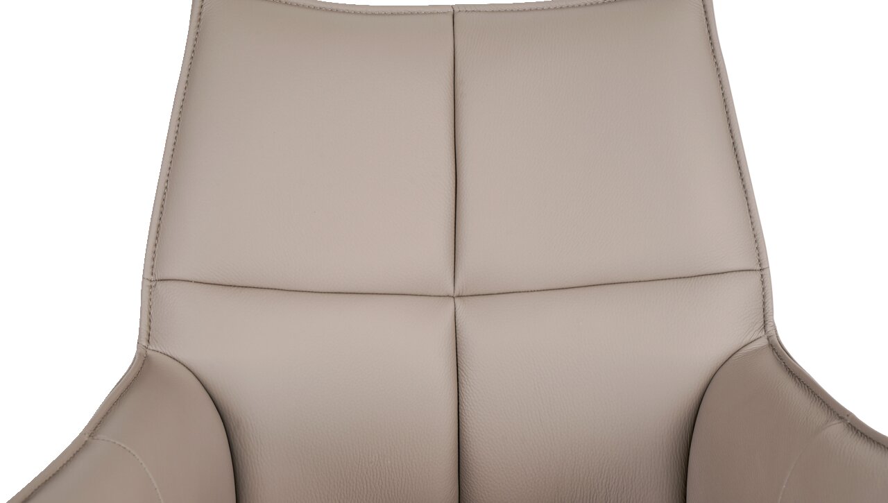 Nahaufnahme der Rückenlehne eines beigen Armlehnstuhls aus Leder, Frontalansicht